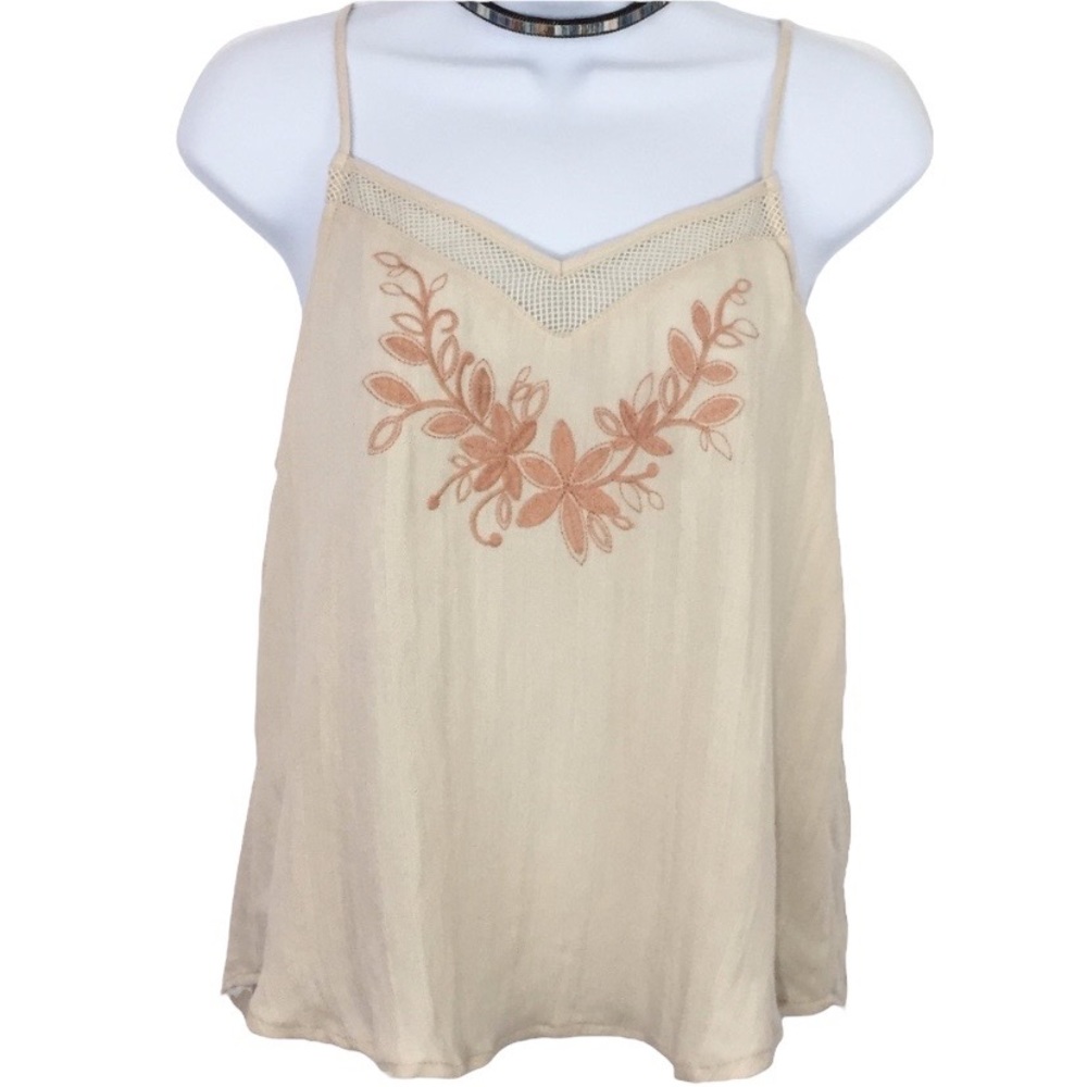A. Calin Ivory Tank Top with Dusty Peach Floral Embroidery & Mesh Details Large